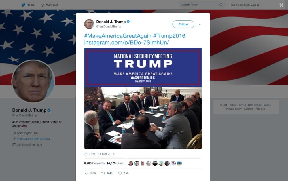 In this photo from President Trump's Twitter account, George Papadopoulos, third from left, sits at a table with then-candidate Trump and others at what is labeled at a national security meeting in Washington that was posted on March 31, 2016. Papadopoulos, a former Trump campaign aide belittled by the White House as a low-level volunteer was thrust on Oct. 30, 2017, to the center of special counsel Robert Mueller’s investigation, providing evidence in the first criminal case that connects Trump’s team and intermediaries for Russia seeking to interfere in the campaign. (Donald Trump's Twitter account via AP)