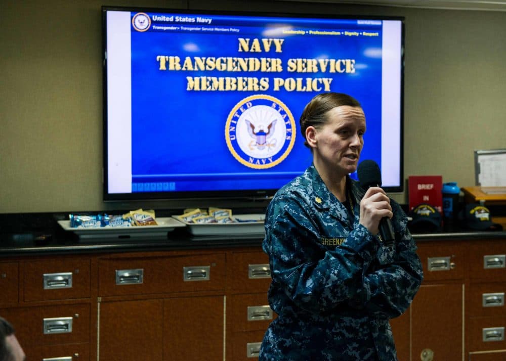 Lt. Cmdr. Valerie Greenaway conducts a Navy training session in December 2016, when an Obama-era policy allowed transgender service members to serve openly. Now, President Trump has ordered a ban on transgender recruits. (Erwin Jacob V. Miciano/U.S. Navy)