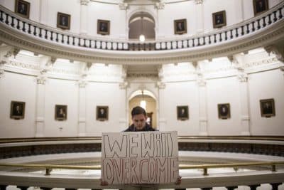 Jacob Rubio holds a sign that reads &quot;We will overcome,&quot; in the rotunda of the state Capitol shortly after the Electoral College cast their vote in Austin, Texas, Monday, Dec. 19, 2016. (Tamir Kalifa/AP)