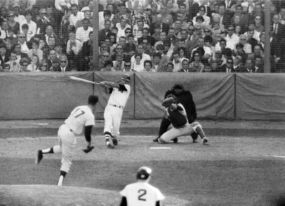 Boston Red Sox slugger Carl Yastrzemski hits a three run homer in a game at Fenway Park, September 30, 1967. (AP)