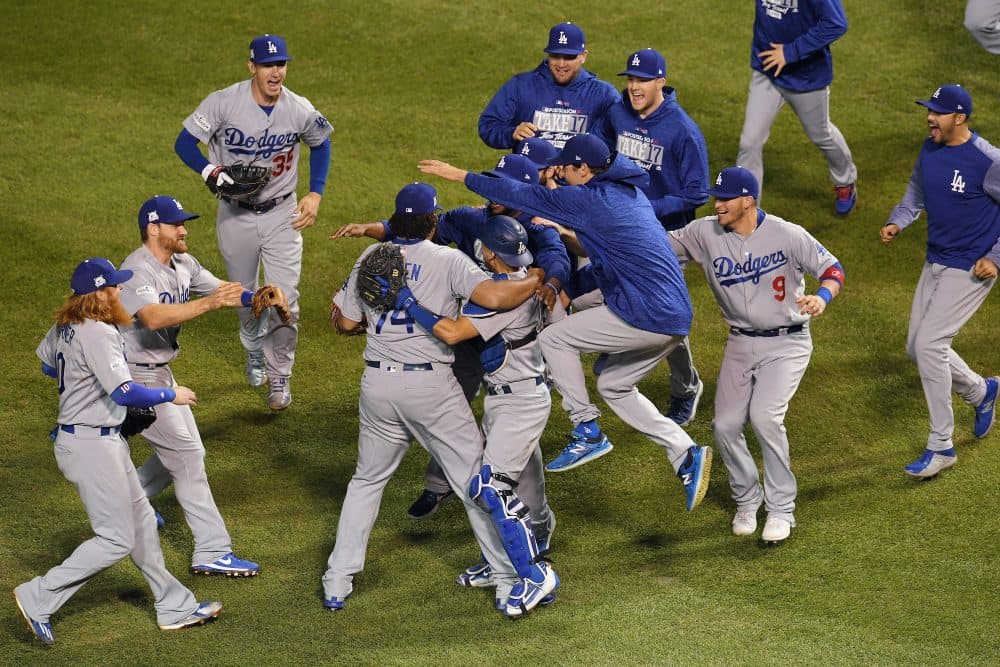 The Los Angeles Dodgers celebrate defeating the Chicago Cubs Game 5 of the National League Championship Series. (Dylan Buell/Getty Images)