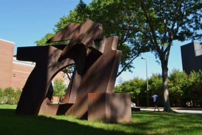This 1971 sculpture by Richard Howard Hunt honors the composer T.J. Anderson, who chaired the Tufts University music department. It is one stop on the Tufts African American Freedom Trail. (Alexa Vazquez/WBUR)