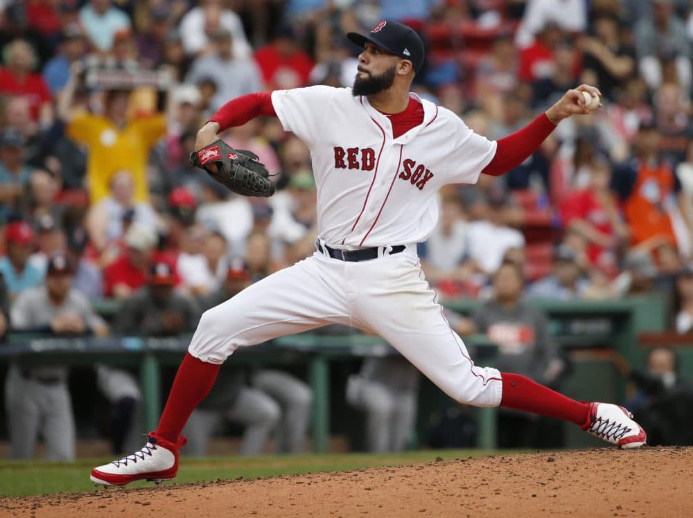 Boston Red Sox relief pitcher David Price delivers against the Houston Astros during the fourth inning in Game 3 of baseball's American League Division Series, Sunday, Oct. 8, 2017, in Boston. (AP Photo/Michael Dwyer)