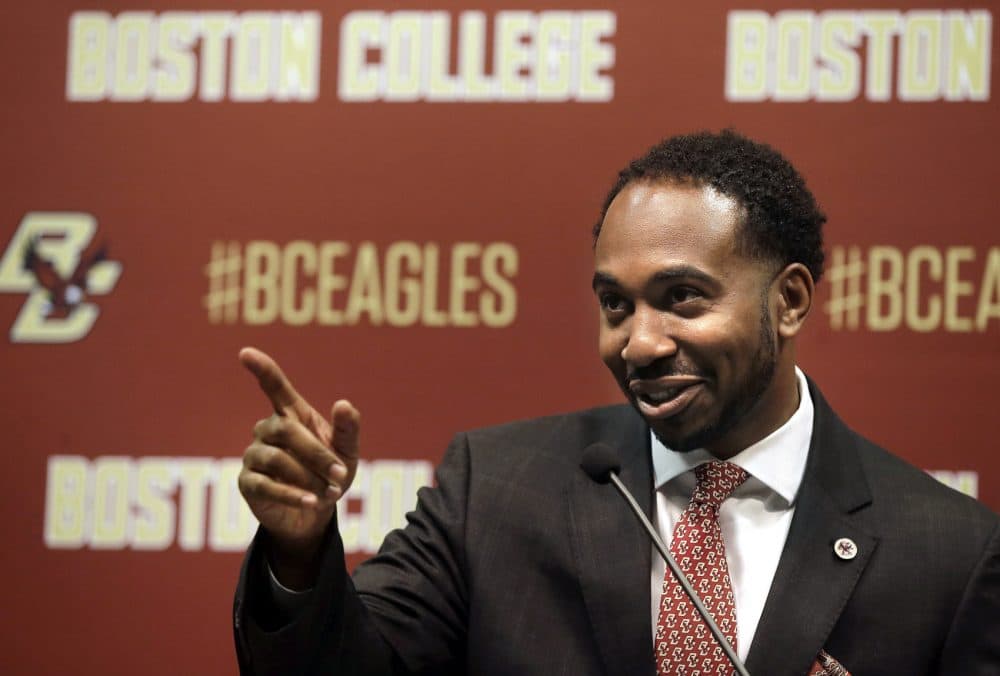Martin Jarmond, newly hired Boston College athletic director, takes questions from members of the media Monday, April 24, 2017, during a news conference on the school's campus in Boston. Jarmond was the deputy athletic director at Ohio State and chief of staff for Buckeyes athletic director Gene Smith. (AP Photo/Steven Senne)