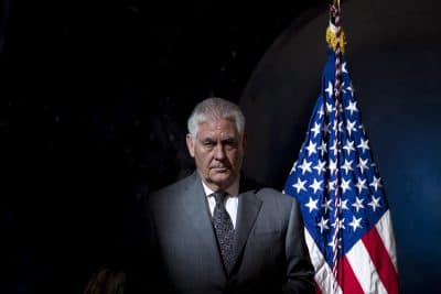 Secretary of State Rex Tillerson arrives for the first meeting of the National Space Council first meeting at the Steven F. Udvar-Hazy Center, Thursday, Oct. 5, 2017 in Chantilly, Va. (Andrew Harnik/AP)