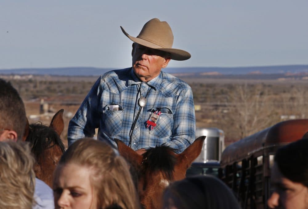 Cliven Bundy rides a horse after attending the funeral of fellow rancher Robert &quot;LaVoy&quot; Finicum on Feb. 5, 2016 in Kanab, Utah. (George Frey/Getty Images