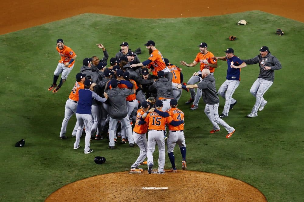 The Houston Astros celebrate defeating the Los Angeles Dodgers 5-1 in Game 7 to win the 2017 World Series at Dodger Stadium on Nov. 1, 2017 in Los Angeles. (Tim Bradbury/Getty Images)