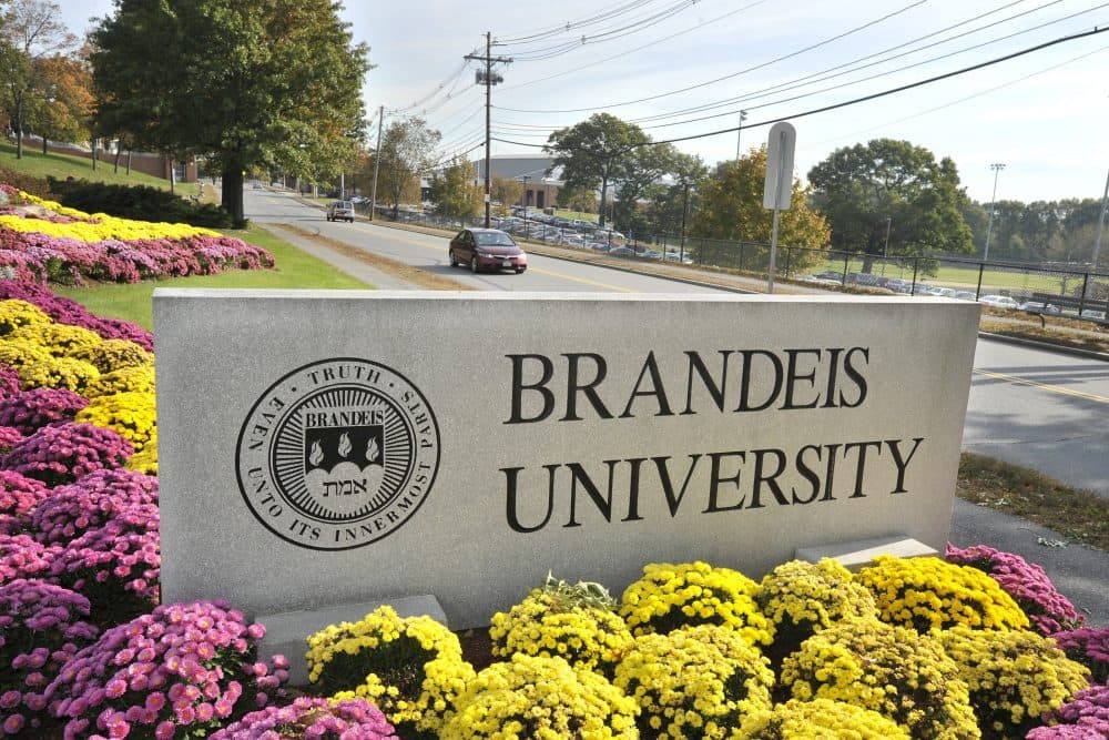 A sign marks the entrance of Brandeis University in Waltham. (Josh Reynolds/AP)