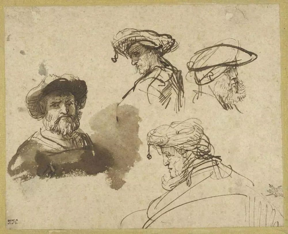 Rembrandt's &quot;Four Studies of Male Heads,&quot; drawn around 1636, from the Maida and George Abrams Collection. (Courtesy Harvard Art Museums)