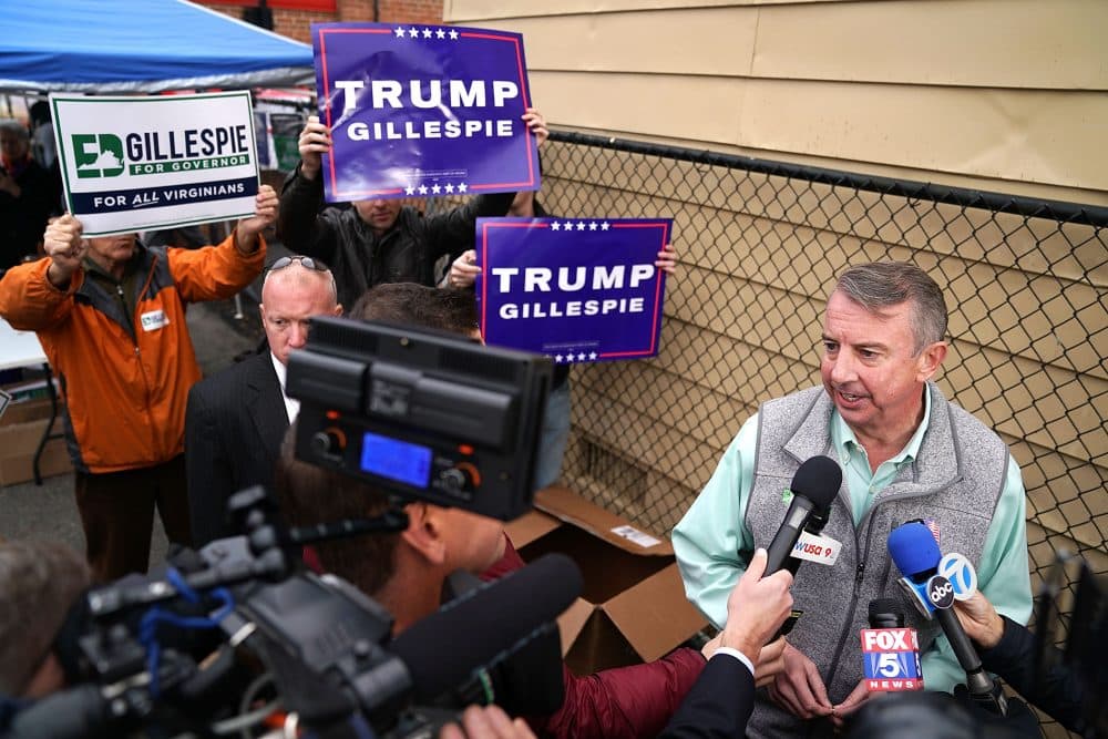 Republican candidate for Virginia governor Ed Gillespie talks to journalists after casting his vote at the polling place at Washington Mill Elementary School Nov. 7, 2017 in Alexandria, Va. In a race that many see as a test of the Republican administration of President Trump, Gillespie is running against the commonwealth's current lieutenant governor, Democrat Ralph Northam. (Chip Somodevilla/Getty Images)