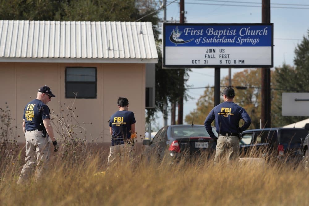 Law enforcement officials continue their investigation at the First Baptist Church of Sutherland Springs on Nov. 6, 2017 in Sutherland Springs, Texas. (Scott Olson/Getty Images)