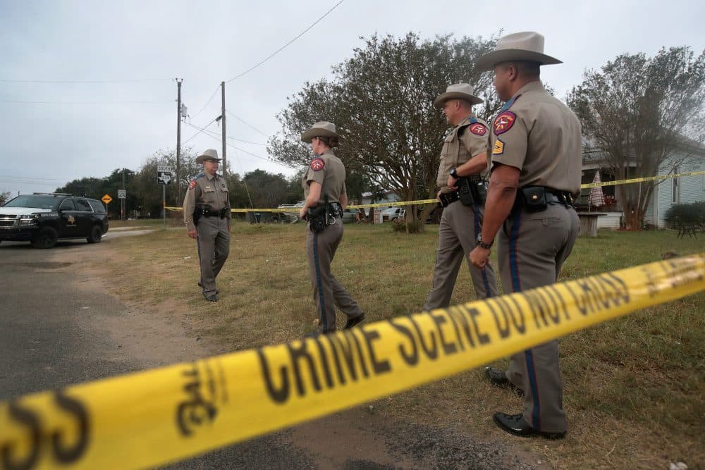 Law enforcement officials continue their investigation into the shooting at the First Baptist Church of Sutherland Springs on Nov/ 7, 2017 in Sutherland Springs, Texas. (Scott Olson/Getty Images)