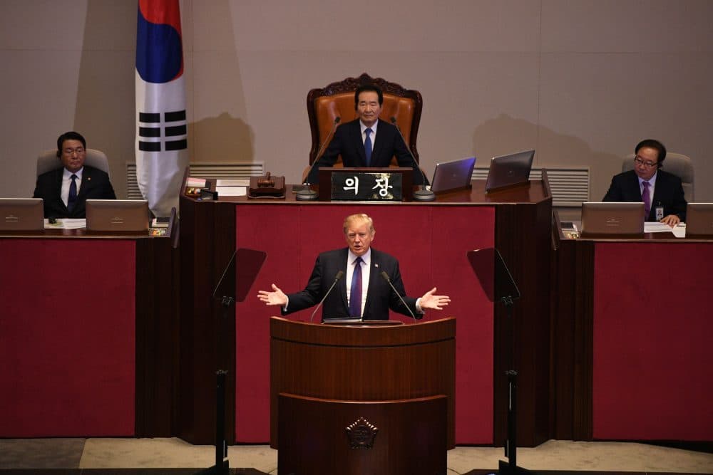 President Trump addresses the National Assembly in Seoul on Nov. 8, 2017. (Jim Watson/AFP/Getty Images)