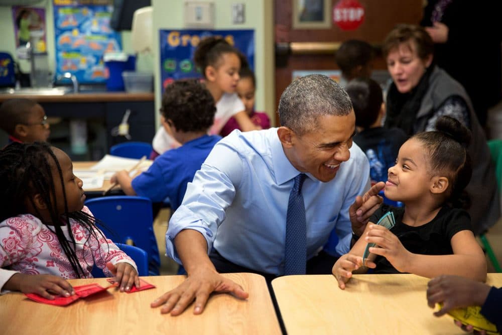 &quot;While we were in Lawrence, Kan., we stopped at the Community Children's Center–one of the nation's oldest Head Start providers. The President sat next to Akira Cooper, right, and reacted to something she said to him.&quot; (Official White House Photo by Pete Souza)