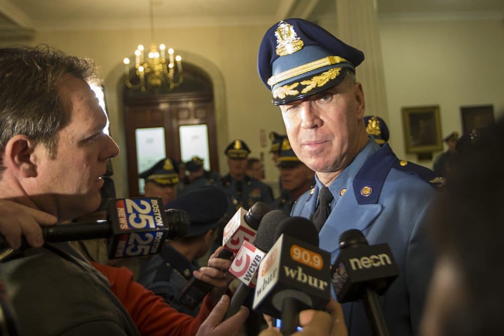 State police Colonel Richard McKeon answers questions at the State House Thursday. (Jesse Costa/WBUR)