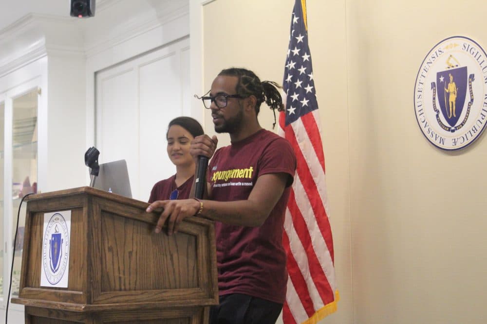 Jefferson Alvarez speaks at a rally in support of the criminal record expungement provision. (Courtesy of UTEC)