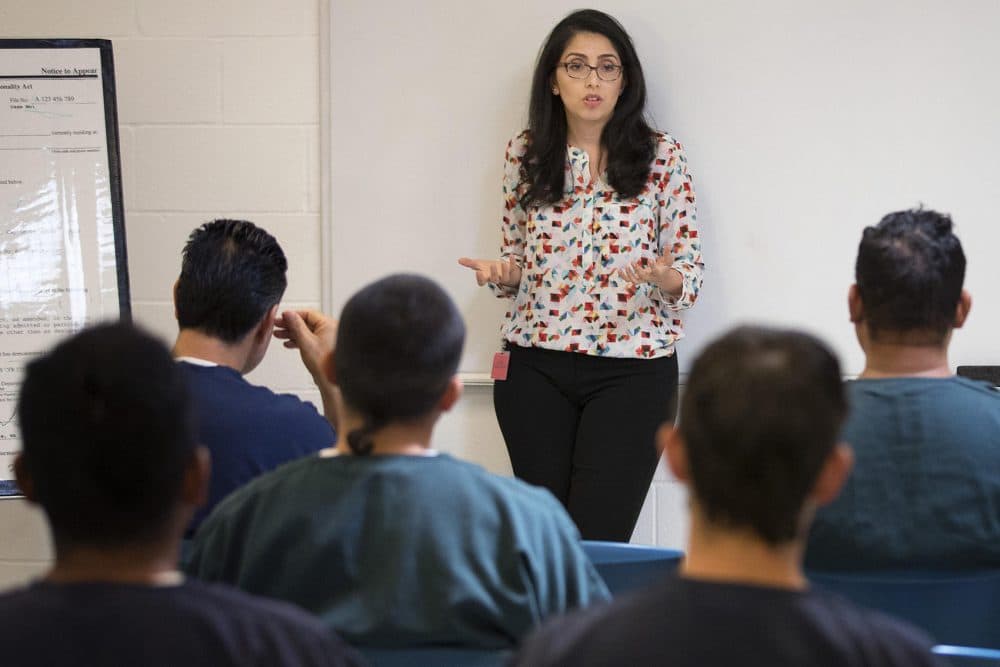 Virginia Cole, with the Northwest Immigrant Rights Project, teaches a legal aid class at the Northwest Detention Center on Wednesday, June 21, 2017, in Tacoma, Wash. (Megan Farmer/KUOW)