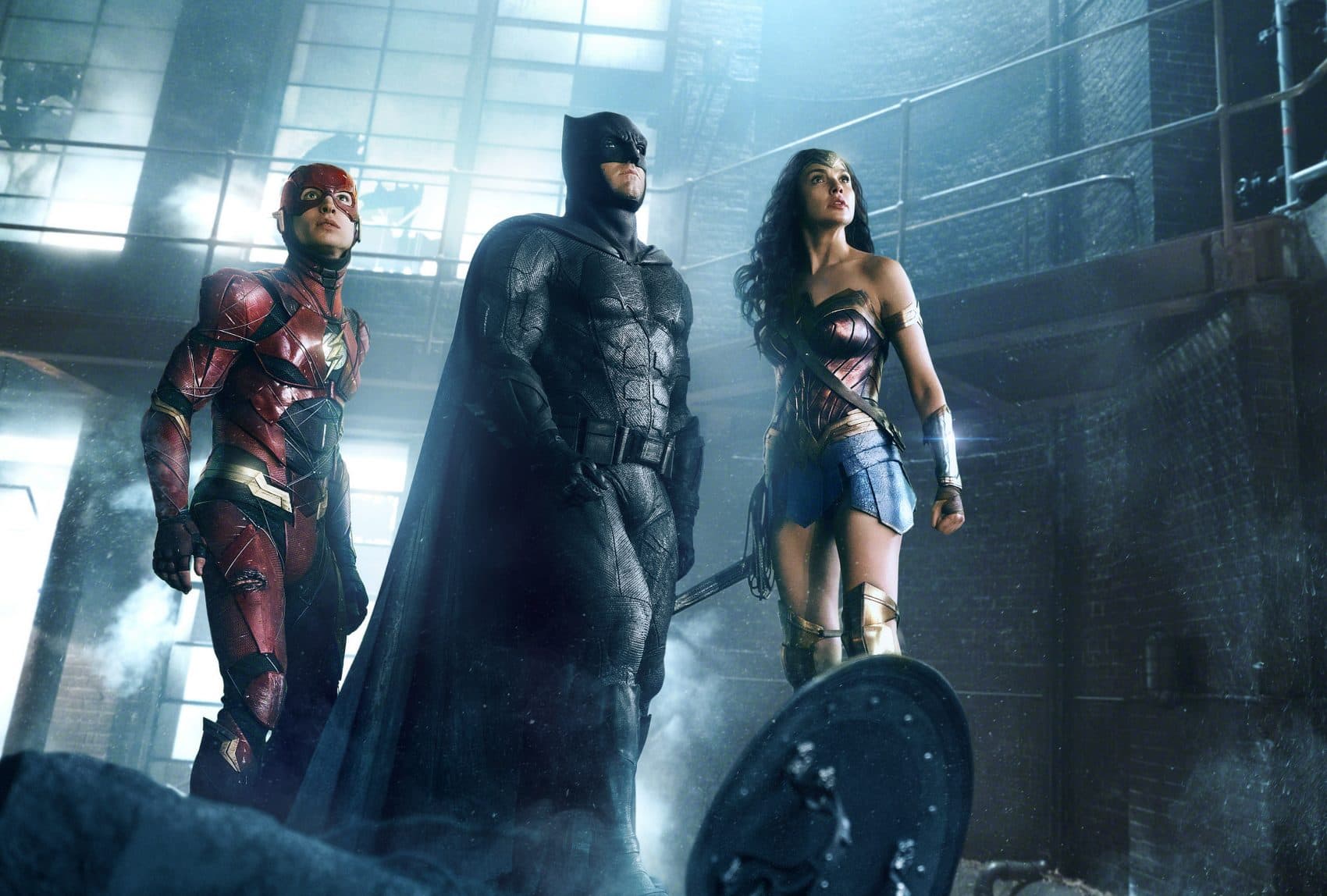 Ezra Miller as The Flash, Ben Affleck as Batman and Gal Gadot as Wonder Woman in &quot;Justice League.&quot; (Courtesy Warner Bros./DC Comics)
