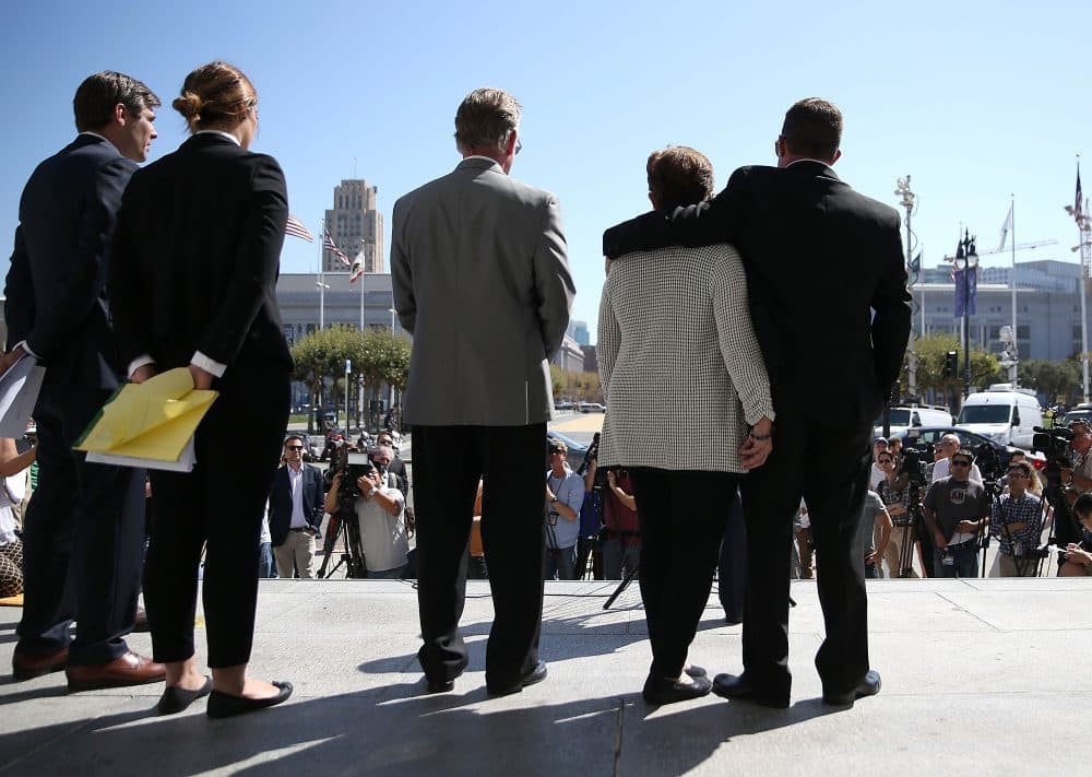 (Right to left) Brad Steinle, Liz Sullivan and Jim Steinle, the family of Kate Steinle who was killed by an undocumented immigrant, look on during a news conference on Sept. 1, 2015 in San Francisco, Calif. (Justin Sullivan/Getty Images)