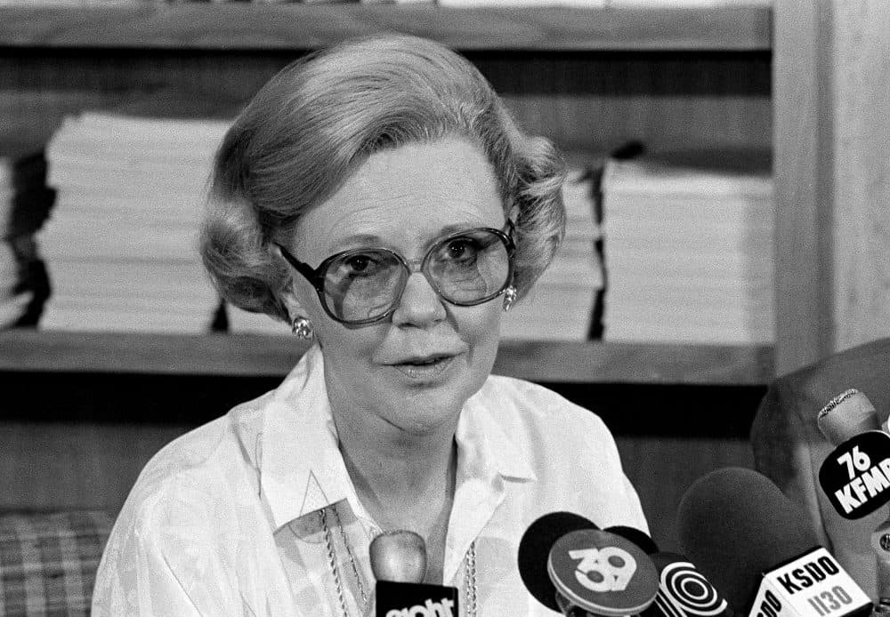 Joan Kroc, widow of McDonald's founder and owner Ray Kroc, announces at a news conference in La Jolla, Calif., that the McDonald's Corp. has donated $1 million to the San Ysidro Survivor's Fund, July 20, 1984. (Greg Vojtko/AP)