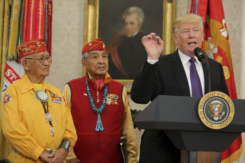 President Trump speaks during an event honoring members of the Native American code talkers in the Oval Office of the White House, on Nov. 27, 2017 in Washington. Trump stated, &quot;You were here long before any of us were here. Although we have a representative in Congress who they say was here a long time ago. They call her Pocahontas,&quot; in reference to his nickname for Sen. Elizabeth Warren. (Oliver Contreras-Pool/Getty Images)