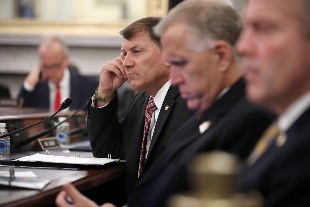 Senate Veterans' Affairs Committee member Sen. Mike Rounds (R-S.D.) (center) listens to testimony during a hearing in the Russell Senate Office Building on Capitol Hill, June 7, 2017 in Washington, D.C. (Chip Somodevilla/Getty Images)