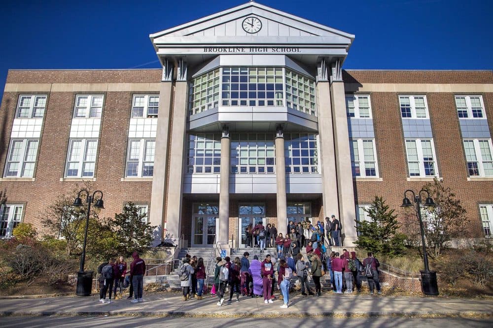 Dozens of Brookline High School students walked out of classes Thursday morning in response to a Snapchat video replete with racial slurs. (Jesse Costa/WBUR)