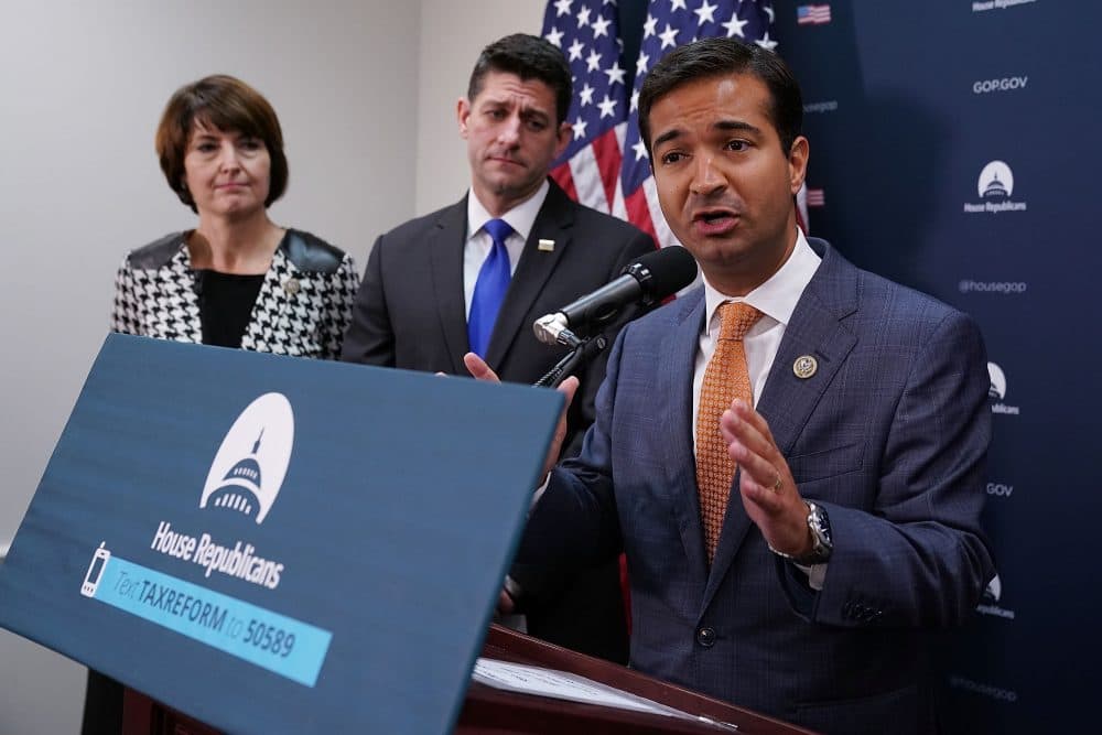 WASHINGTON, DC - OCTOBER 24:  Rep. Carlos Curbelo (R-FL) (R) talks with reporters with Speaker of the House Paul Ryan (R-WI) and Rep. Cathy McMorris Rogers (R-WA) following the weekly House Republican Conference meeting at the U.S. Capitol October 24, 2017 in Washington, DC. Ryan and the GOP leadership said that tax cuts and reforms are their priority and they hope to get legislation out of the House by the Thanksgiving holiday.  (Photo by Chip Somodevilla/Getty Images)