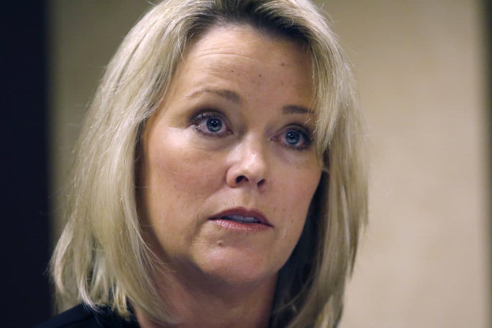 Former Boston television news anchor Heather Unruh speaks Wednesday in Boston about the alleged sexual assault of her teenage son by actor Kevin Spacey in the summer of 2016 on Nantucket. (Bill Sikes/AP)