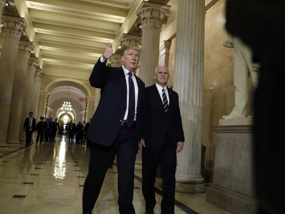 President Donald Trump leaves Capitol Hill after meeting with lawmakers on tax policy, Thursday, Nov. 16, 2017, in Washington. Trump urged House Republicans Thursday to approve a near $1.5 trillion tax overhaul as the party prepared to drive the measure through the House. Across the Capitol, Democrats pointed to new numbers showing the Senate version of the plan would boost taxes on lower and middle-income Americans. (Evan Vucci/AP)
