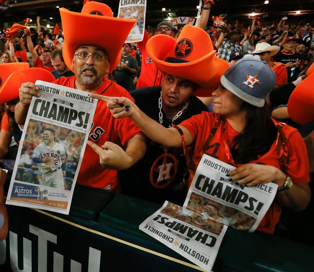 Houston fans celebrate at Minute Maid Park in Houston after the Astros defeated Los Angeles at Dodger Stadium in Game 7 of the World Series. (Bob Levey/Getty Images)