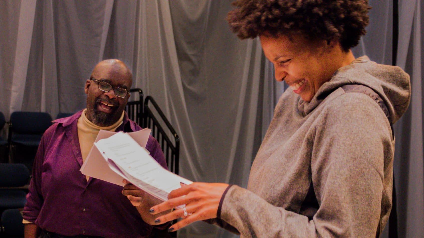 Actors Cliff Odle and Miranda Adekoje practice for Front Porch Collective's staged reading of &quot;Black Ulysses.&quot; (Courtesy Front Porch Arts Collective)