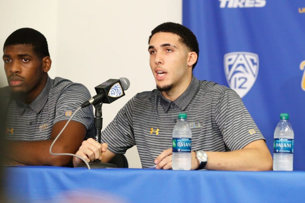 LiAngelo Ball (right) and Cody Riley of the UCLA Men's Basketball team speak to the media. Ball, Riley and Jalen Hill were suspended after allegedly shoplifting while on a school trip to China. (Josh Lefkowitz/Getty Images)