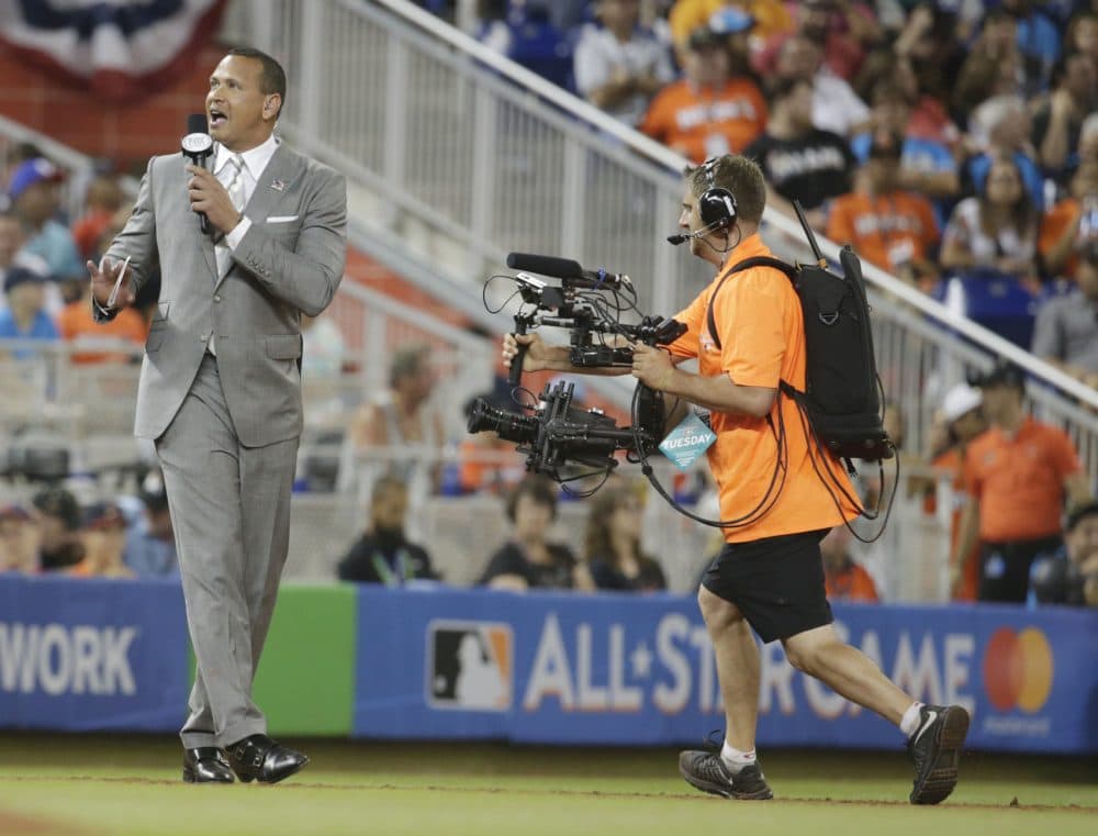 Former MLB player Alex Rodriguez, reports from the field during the MLB baseball All-Star Game, Tuesday, July 11, 2017, in Miami. (AP Photo/Lynne Sladky)