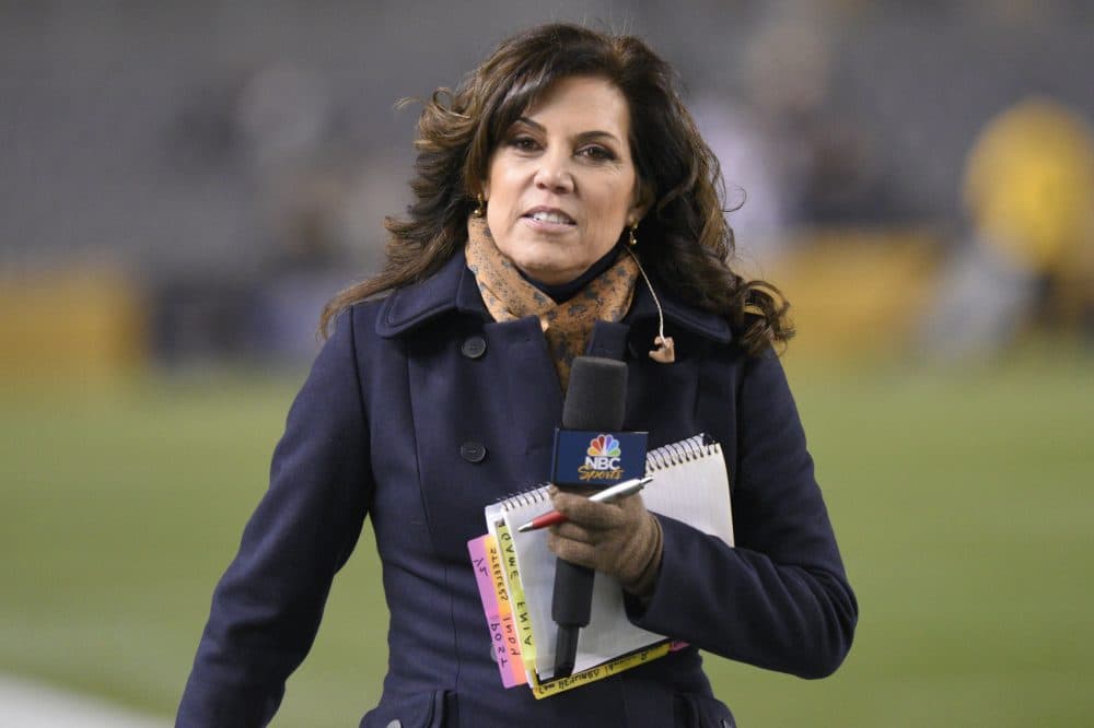 Broadcaster Michele Tafoya walks the sideline before an NFL football game between the Pittsburgh Steelers and the Indianapolis Colts, Sunday, Dec. 6, 2015, in Pittsburgh. (AP Photo/Don Wright)