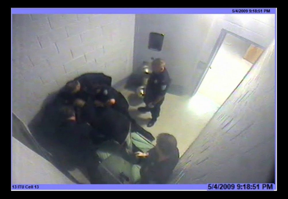 This screenshot from 2009 surveillance video shows moments before the death of Joshua Messier, a patient at Bridgewater State Hospital.