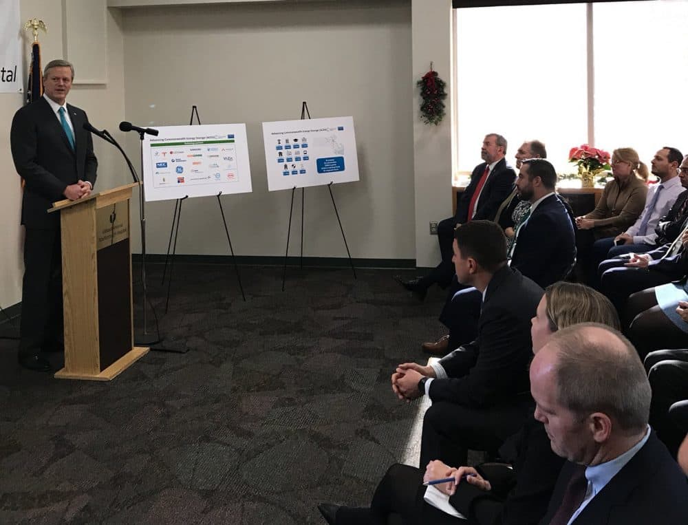 Gov. Charlie Baker announced the recipients of the state grants for energy storage projects in Mass. (Courtesy Massachusetts Clean Energy Center)