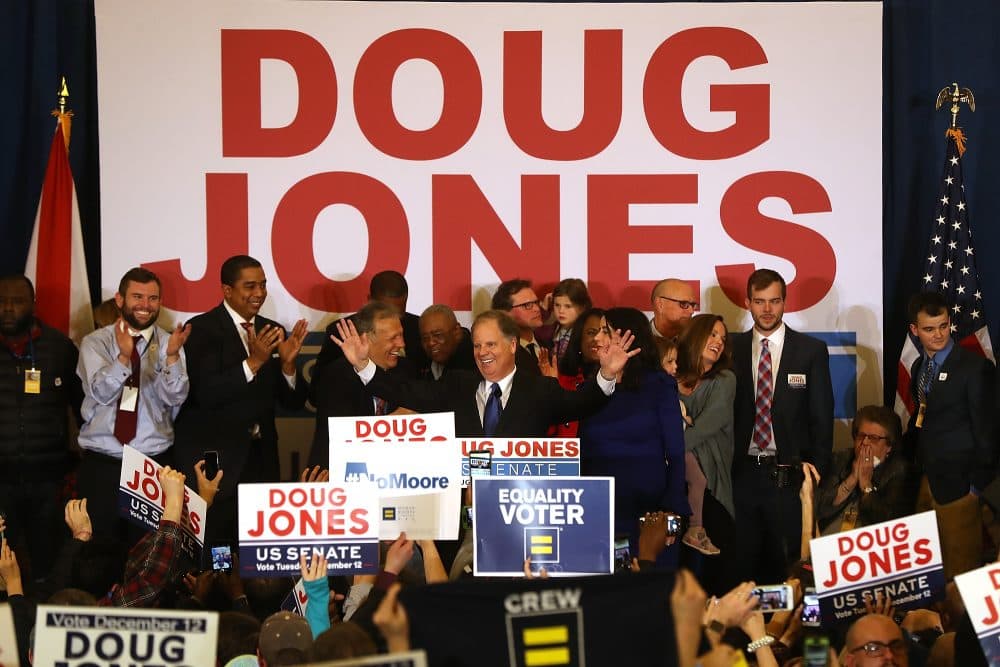 Democratic U.S. Sen.-elect Doug Jones greets supporters during his election night gathering the Sheraton Hotel on Dec. 12, 2017 in Birmingham, Ala. Doug Jones defeated Republican candidate Roy Moore to claim Alabama's U.S. Senate seat that was vacated by Attorney General Jeff Sessions.
(Justin Sullivan/Getty Images)