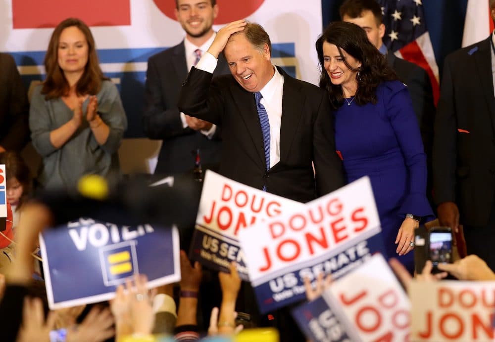Democratic U.S. Sen.-elect Doug Jones greets supporters during his election-night gathering at the Sheraton Hotel on Dec. 12, 2017 in Birmingham, Ala. (Justin Sullivan/Getty Images)