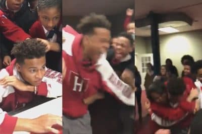 Ayrton Little celebrates his acceptance to Harvard with friends and family. (Screenshots via Twitter)