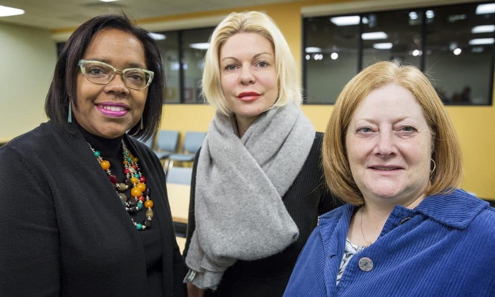 From left: Donna Latson Gittens, CEO of MORE Advertising; Nicole Sahin, CEO of Globalization Partners; and Joanne Kamens, executive director at AddGene, meet for a conversation at WBUR. (Robin Lubbock/WBUR)