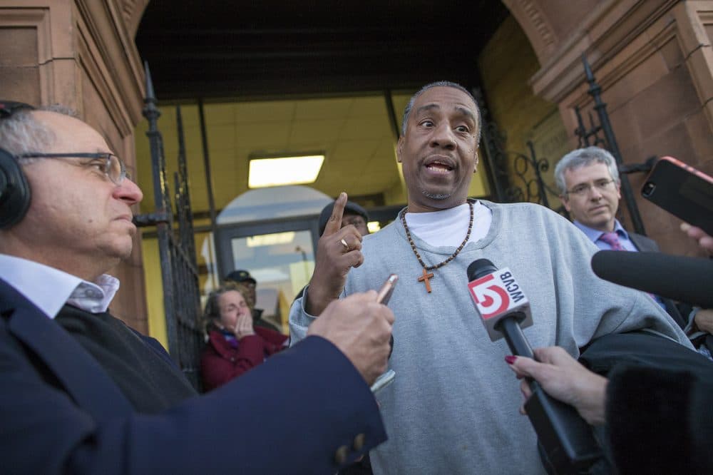 Darrell Jones speaks to the media in front of the Brockton Superior Courthouse after his release. (Jesse Costa/WBUR)