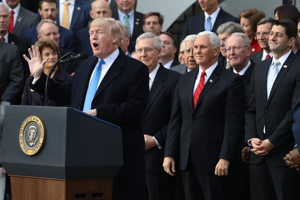 President Trump hosts an event to celebrate Congress passing the Tax Cuts and Jobs Act with Republican members of the House and Senate on the South Lawn of the White House on Dec. 20, 2017, in Washington, D.C. (Chip Somodevilla/Getty Images)