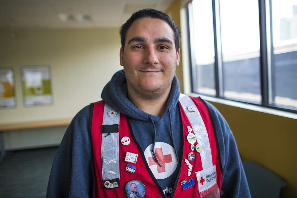 Andrew Enos volunteered with the Red Cross in Texas and Florida during hurricanes and also in California during wildfires. (Jesse Costa/WBUR)