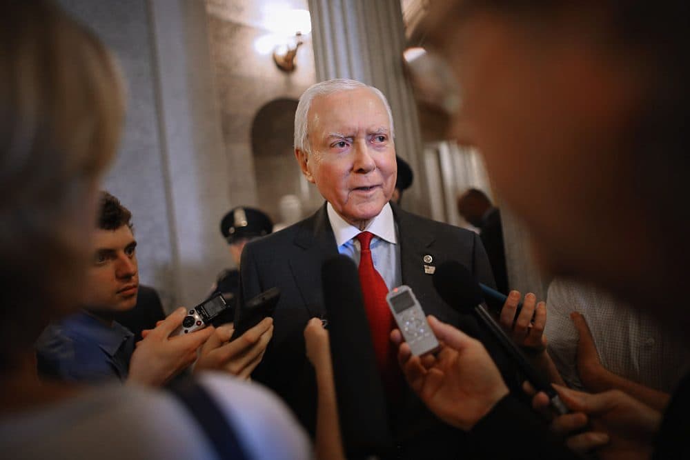 Sen. Orrin Hatch, R-Utah, talks with reporters after leaving the Senate floor at the U.S. Capitol, May 18, 2015 in Washington. (Chip Somodevilla/Getty Images)