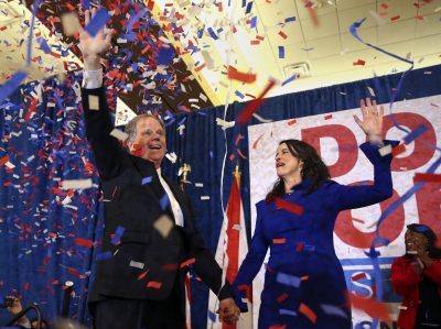 Democratic candidate for U.S. Senate Doug Jones and his wife Louise wave to supporters before speaking Tuesday, Dec. 12, 2017, in Birmingham, Ala. Jones has defeated Republican Roy Moore, a one-time GOP pariah who was embraced by the Republican Party and the president even after facing allegations of sexual impropriety. (AP Photo/John Bazemore)