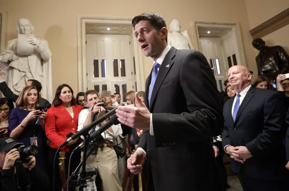 Speaker of the House Paul Ryan, R-Wis., joined at right by House Ways and Means Committee Chairman Kevin Brady, R-Texas, meets reporters just after passing the Republican tax reform bill in the House of Representatives, on Capitol Hill, in Washington, Tuesday, Dec. 19, 2017. The vote, largely along party lines, was 227-203 and capped a GOP sprint to deliver a major legislative accomplishment to President Donald Trump after a year of congressional stumbles. (J. Scott Applewhite/AP)