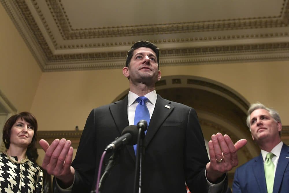 House Speaker Paul Ryan of Wis., center, speaks on Capitol Hill in Washington, Tuesday, Dec. 19, 2017, after House Republicans passed a $1.5 trillion tax package, giving President Donald Trump the legislative win he desperately wants. Ryan is joined by Rep Cathy McMorris Rodgers, R-Wash., left, and House Majority Leader Kevin McCarthy of Calif., right. (AP Photo/Susan Walsh)