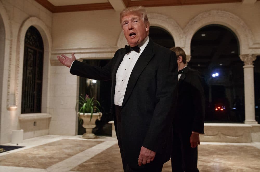In this Sunday, Dec. 31, 2017 file photo, President Trump speaks with reporters as he arrives for a New Year's Eve gala at his Mar-a-Lago resort, in Palm Beach, Fla. Trump slammed Pakistan for 'lies & deceit' in a New Year's Day tweet that said Islamabad had played U.S. leaders for 'fools'. 'No more,' Trump tweeted. Meanwhile, Pakistan had no official comment but Foreign Minister Khawaja Asif tweeted that his government was preparing a response that 'will let the world know the truth.' (Evan Vucci/AP)