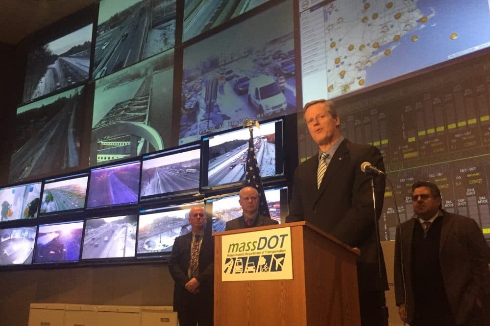 Gov. Charlie Baker said the biggest challenge on roadways will be keeping up with snowfall &quot;when it's coming down at three inches an hour...even if the DOT has fully deployed all of its road crews.&quot; (Andy Metzger/SHNS)